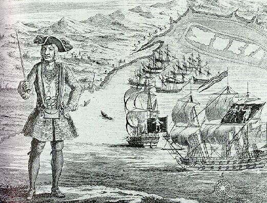 Picture Of Famous Pirate Bartholomew Roberts And His Ship